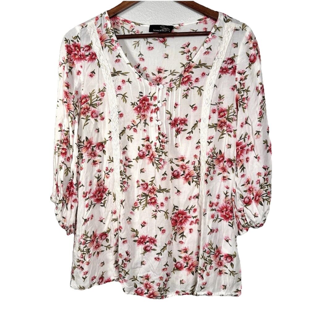Suzanne Betro Tunic Med White Floral Crochet Boho Baby Doll Ruffled Romantic